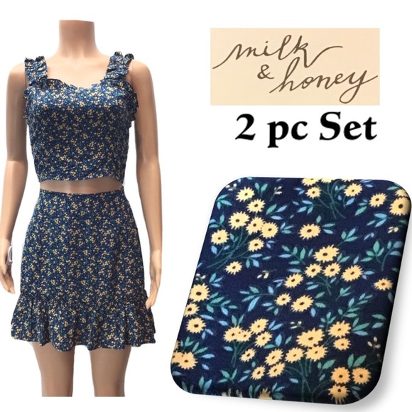 Milk & Honey 2pc Blue Floral Sleeveless Crop Top & Skirt Set Size Large - Picture 1 of 8